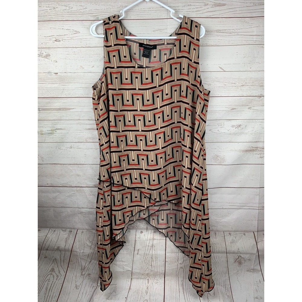 Ashley Stewart Tunic Womens 14/16 Tan Geometric Greek Key Handkerchief Hem Top